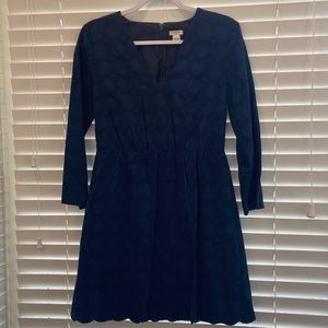 J Crew Navy Eyelet Long Sleeve Dress with Seam at Waist sz. 6